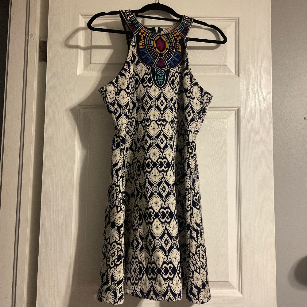 Blue and white geometric dress
